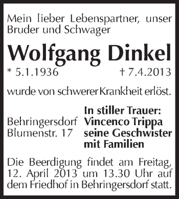 Traueranzeige von Wolfgang Dinkel von Pegnitz-Zeitung
